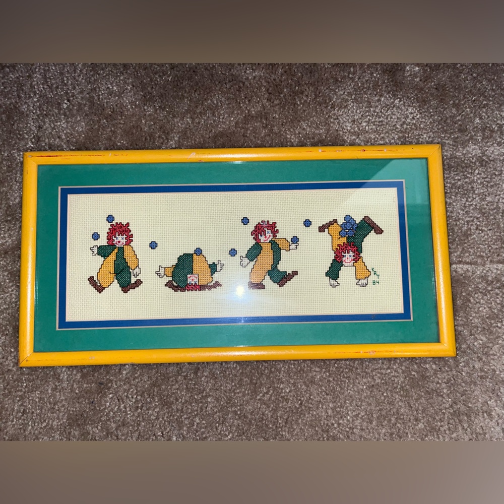 Framed Clown Cross-Stitch Art 1984
